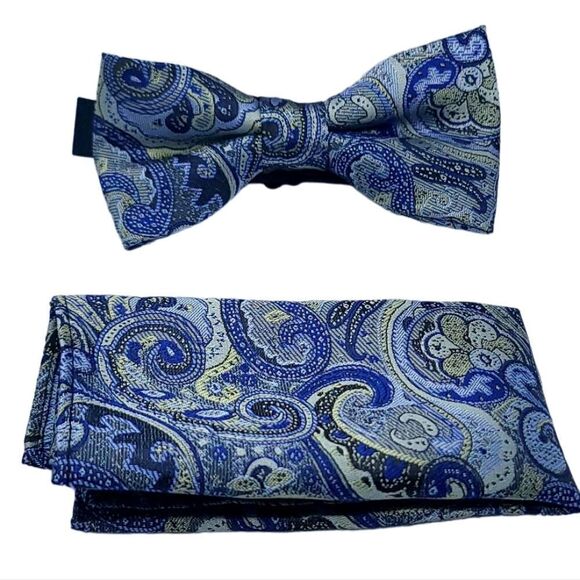 New Bow Tie Pocket Square 2pc Set Navy Gray Paisley Wedding Formal Prom Tuxedo - Picture 8 of 8